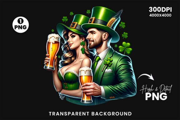 St Patrick Theme Couple hold a beer Glass Sublimation Clipart PNG