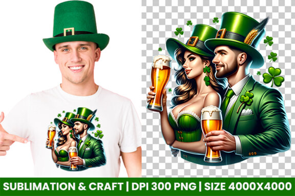 St Patrick Theme Couple hold a beer Glass Sublimation Clipart PNG