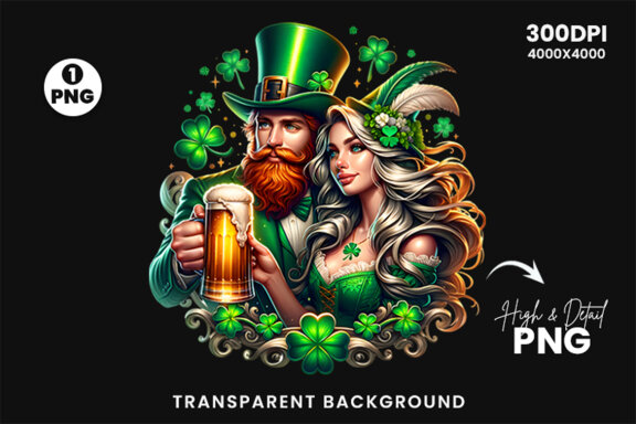 St Patrick Theme Couple hold a beer Glass Sublimation Clipart PNG