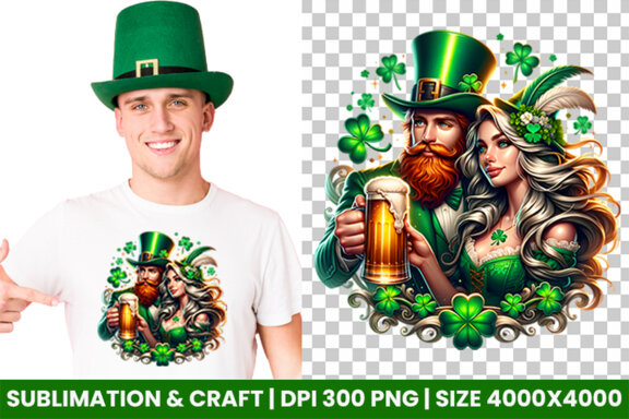 St Patrick Theme Couple hold a beer Glass Sublimation Clipart PNG