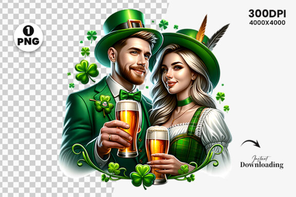 St Patrick Theme Couple hold a beer Glass Sublimation Clipart PNG