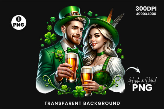 St Patrick Theme Couple hold a beer Glass Sublimation Clipart PNG
