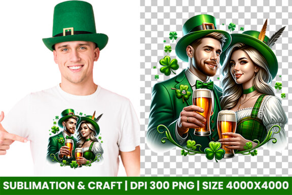 St Patrick Theme Couple hold a beer Glass Sublimation Clipart PNG