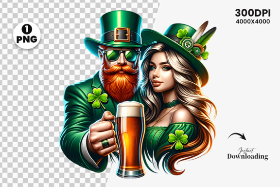 St Patrick Theme Couple hold a beer Glass Sublimation Clipart PNG