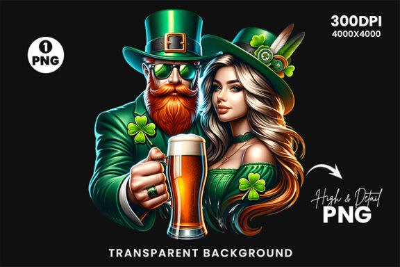 St Patrick Theme Couple hold a beer Glass Sublimation Clipart PNG