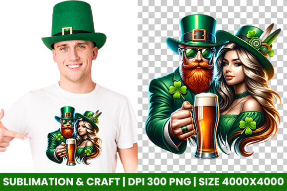 St Patrick Theme Couple hold a beer Glass Sublimation Clipart PNG