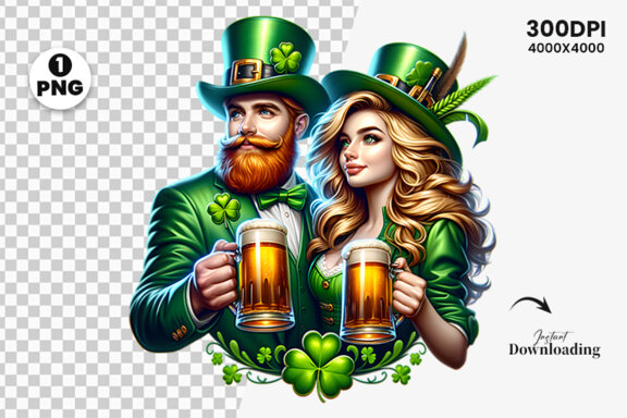 St Patrick Theme Couple hold a beer Glass Sublimation Clipart PNG