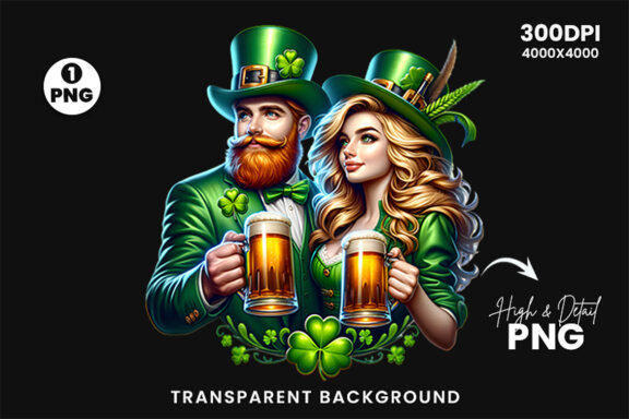 St Patrick Theme Couple hold a beer Glass Sublimation Clipart PNG