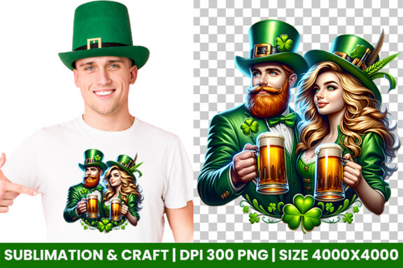 St Patrick Theme Couple hold a beer Glass Sublimation Clipart PNG