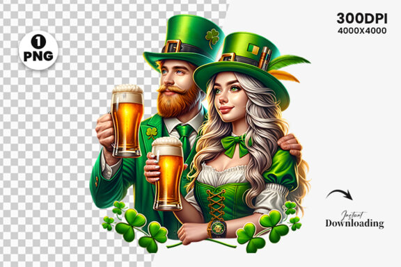 St Patrick Theme Couple hold a beer Glass Sublimation Clipart PNG