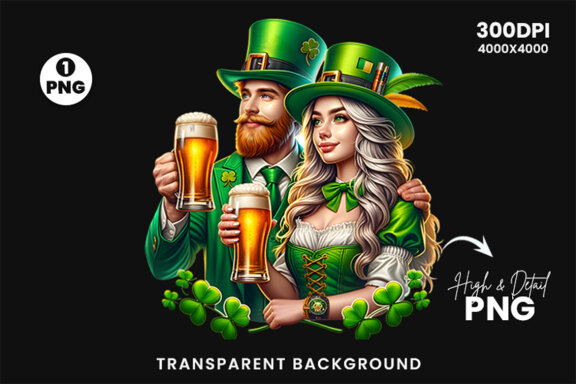 St Patrick Theme Couple hold a beer Glass Sublimation Clipart PNG