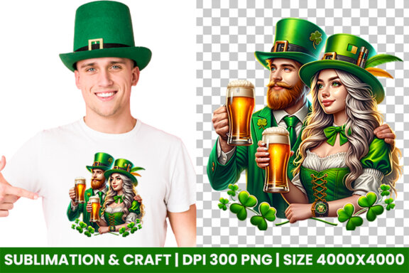 St Patrick Theme Couple hold a beer Glass Sublimation Clipart PNG