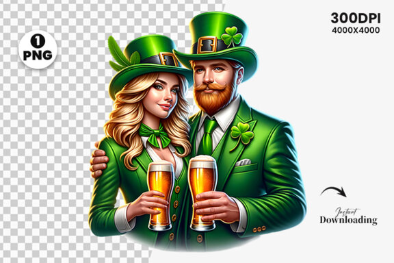 St Patrick Theme Couple hold a beer Glass Sublimation Clipart PNG