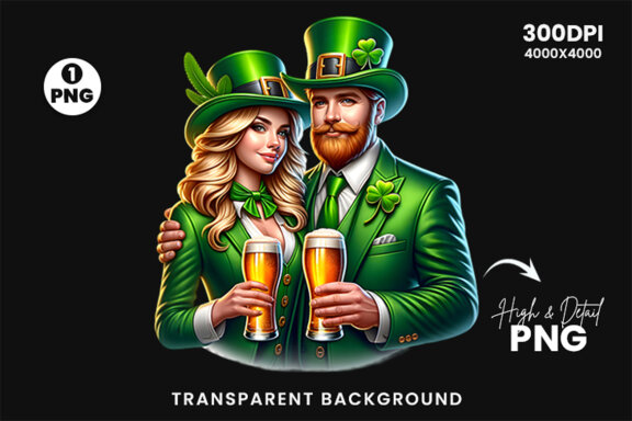 St Patrick Theme Couple hold a beer Glass Sublimation Clipart PNG
