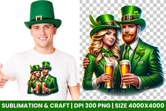 St Patrick Theme Couple hold a beer Glass Sublimation Clipart PNG