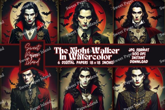 Pack Of 6 Digital Papers - The Night Walker In Watercolor