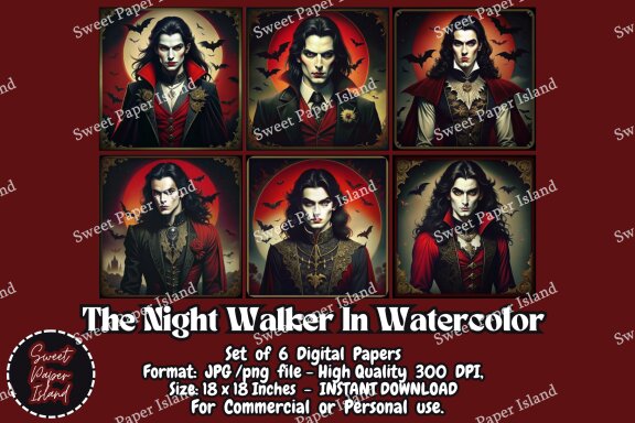 Pack Of 6 Digital Papers - The Night Walker In Watercolor