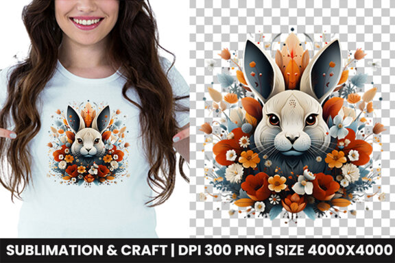 Easter Bunny surrounded by flowers Sublimation Clipart PNG