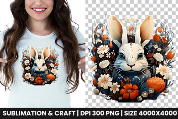 Easter Bunny surrounded by flowers Sublimation Clipart PNG