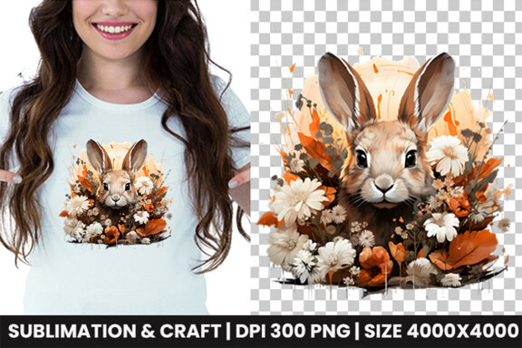 Easter Bunny surrounded by flowers Sublimation Clipart PNG