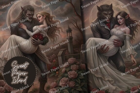Pack Of 6 Digital Papers - Wolves And Damsels In Watercolor
