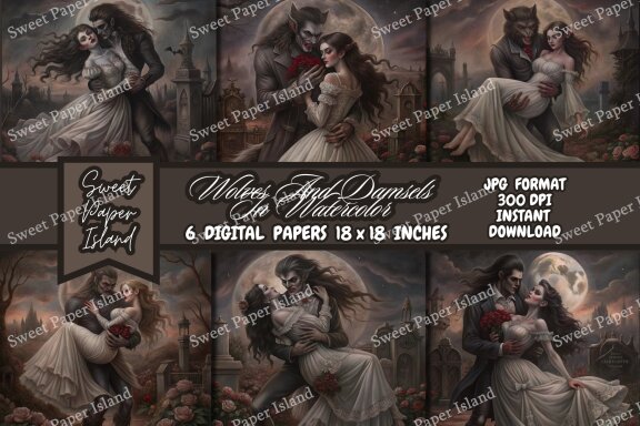 Pack Of 6 Digital Papers - Wolves And Damsels In Watercolor