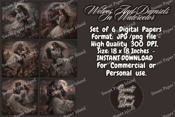 Pack Of 6 Digital Papers - Wolves And Damsels In Watercolor
