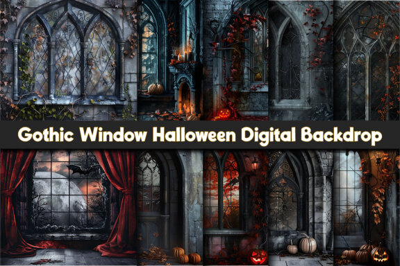 Gothic Window Halloween Digital Backdrop