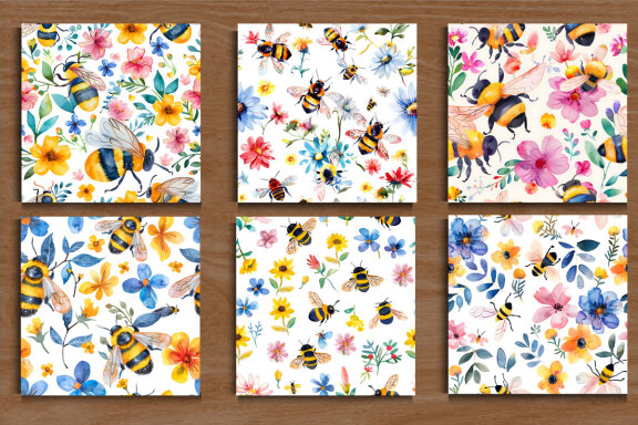 Watercolor Cute Bees and Flower Pattern