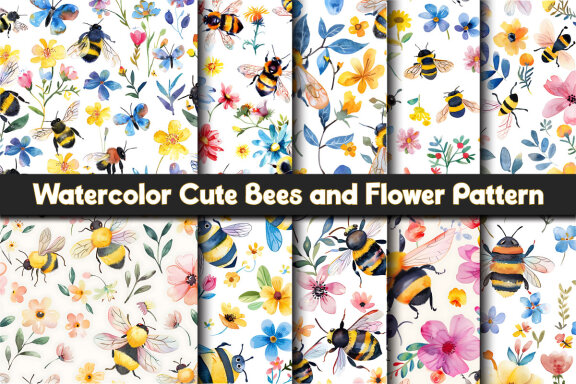 Watercolor Cute Bees and Flower Pattern
