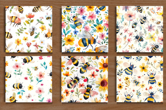 Watercolor Cute Bees and Flower Pattern