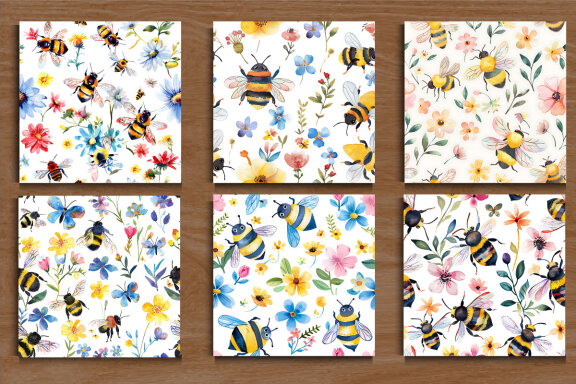 Watercolor Cute Bees and Flower Pattern