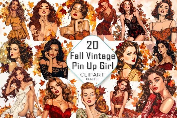 Fall Vintage Pin Up Girl Clipart Bundle