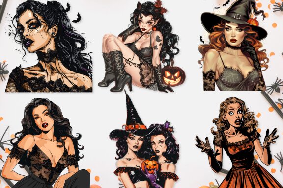 Halloween Vintage Pin Up Girl Clipart Bundle
