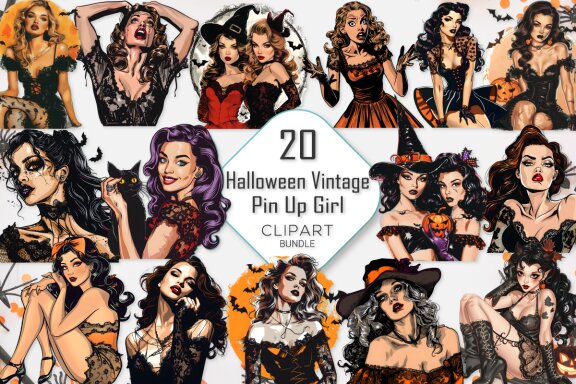 Halloween Vintage Pin Up Girl Clipart Bundle