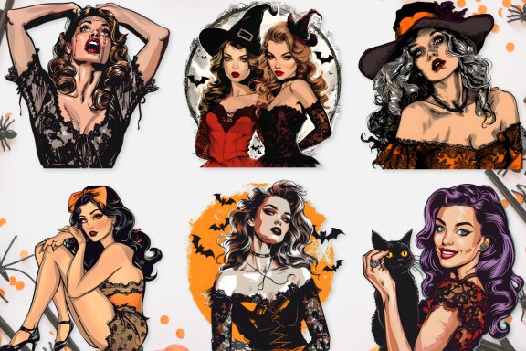 Halloween Vintage Pin Up Girl Clipart Bundle