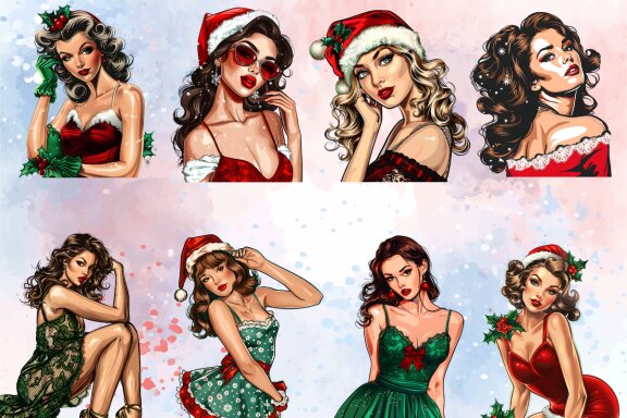 Christmas Vintage Pin Up Girl Clipart Bundle