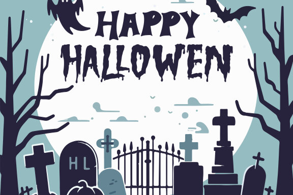Hand drawn halloween cemetery landscape frame