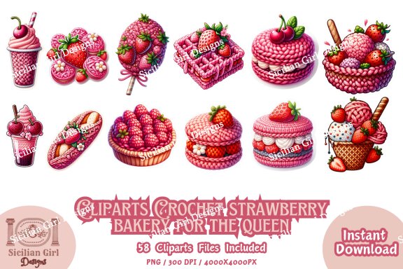 Pack Of 58 Clipart - Crochet Strawberry Bakery For The Queen 