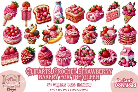 Pack Of 58 Clipart - Crochet Strawberry Bakery For The Queen 