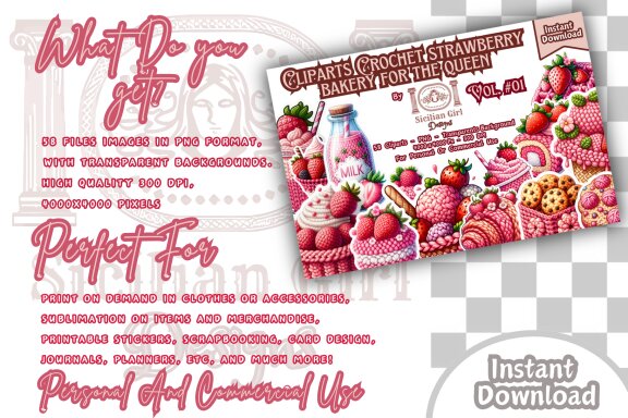 Pack Of 58 Clipart - Crochet Strawberry Bakery For The Queen 