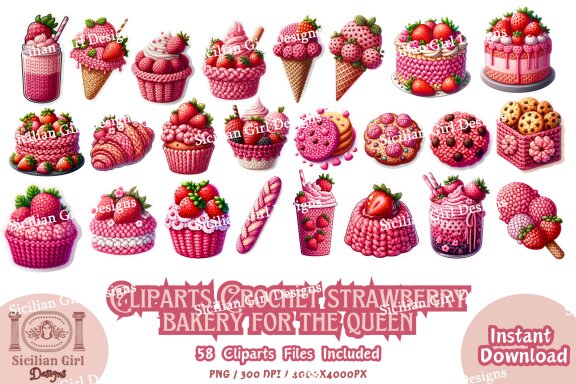 Pack Of 58 Clipart - Crochet Strawberry Bakery For The Queen 