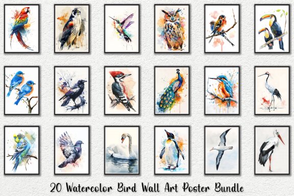 Watercolor Bird Wall Art Poster Bundle