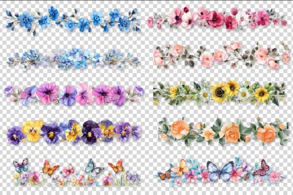 Watercolor Flower Borders Clipart Bundle