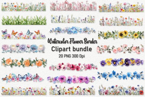 Watercolor Flower Borders Clipart Bundle