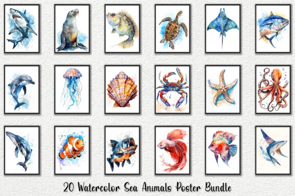 Watercolor Sea Animals Wall Art Poster Bundle