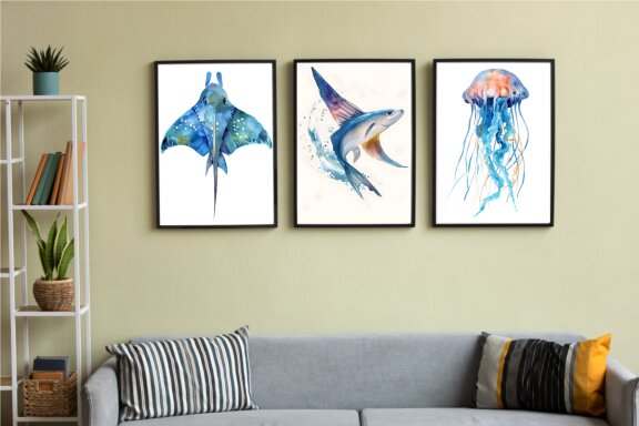 Watercolor Sea Animals Wall Art Poster Bundle