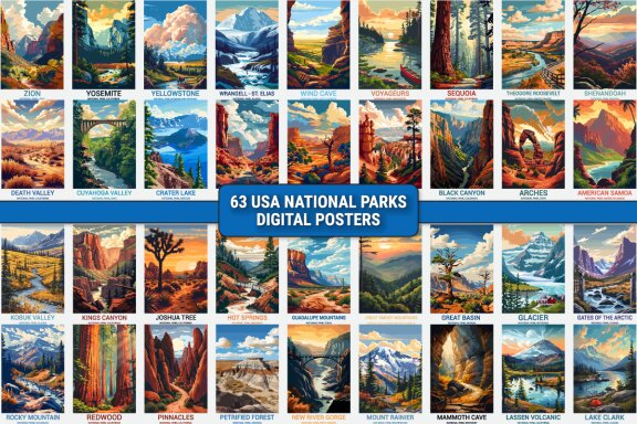 63 USA National Parks Digital Poster Bundle