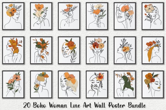 Boho Woman Line Art Wall Poster Bundle