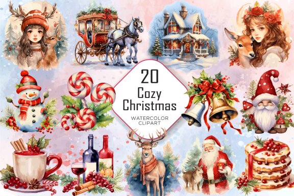 Cozy Christmas Watercolor Clipart Bundle